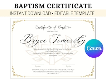 Editable Baptism Template, Baptism Certificate, Personalised Child's Baptism Keepsake, Personalized Certificate of Baptism