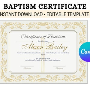 Plantilla de bautismo editable, certificado de bautismo, recuerdo personalizado del bautismo del niño, certificado de bautismo personalizado, bautizo,