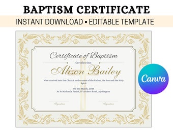 Editable Baptism Template, Baptism Certificate, Personalised Child's Baptism Keepsake, Personalized Certificate of Baptism, Christening,