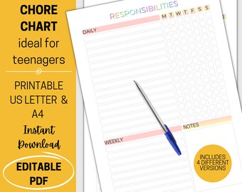 May include: Printable chore chart for teenagers with sections for daily and weekly responsibilities, a notes section, and a grid for tracking tasks by day of the week. The chart includes the text "Responsibilities", "Daily", "Weekly", "Notes", and "MTWTFSS".