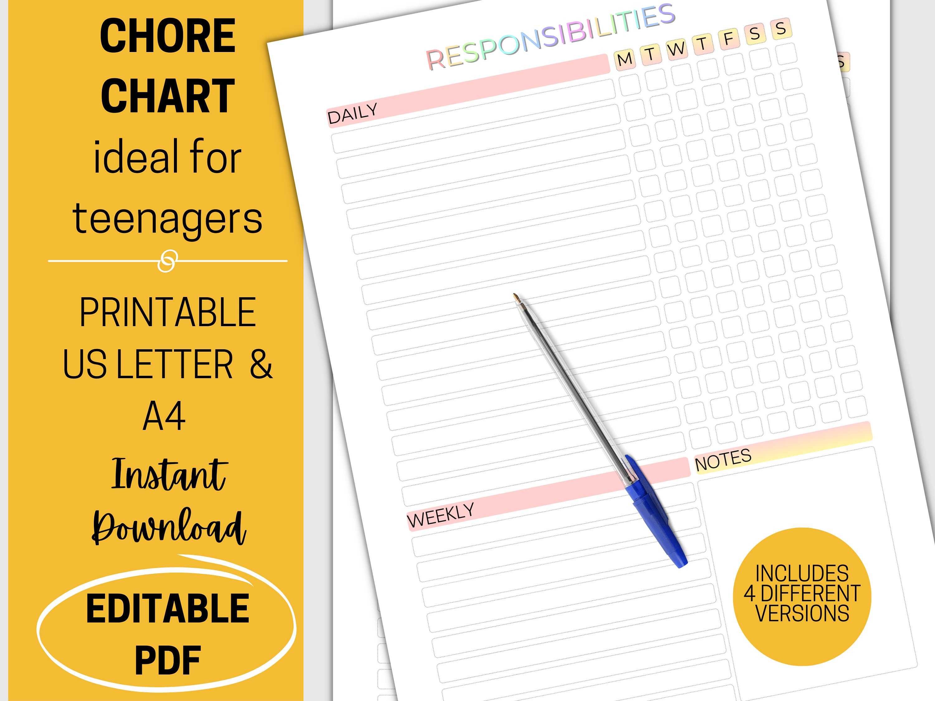Chore Chart Teens, Chore Chart for Adults, Chore Chart for Teenagers, Responsibilities Chart ...