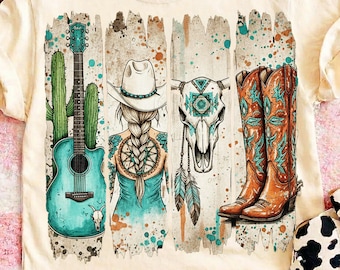 Western Cowgirl Png, Cowboy Boots, Turquoise Sunflower Design (Digital Download)
