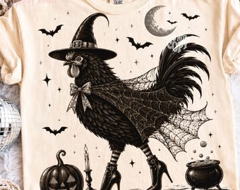Spooky Witch Rooster PNG, Gothic Farmhouse Halloween Design (Digital Download)