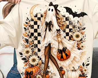 Coquette Ghost Girl PNG, Elegant Halloween Design, Lace Dress, Bows, Pumpkins (Digital Download)