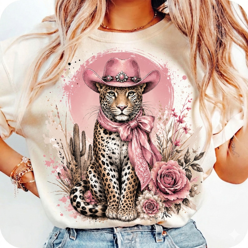 May include: A cream-colored t-shirt featuring a graphic print of a leopard wearing a pink cowboy hat and a matching pink neck scarf. The leopard is surrounded by pink watercolor splashes, a cactus, and pink roses on a circular pink background.