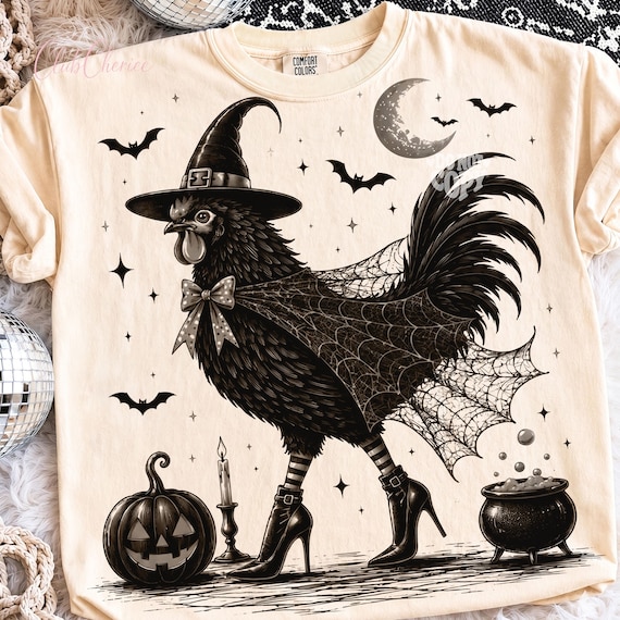 Spooky Witch Rooster PNG, Gothic Farmhouse Halloween Design (Digital Download)
