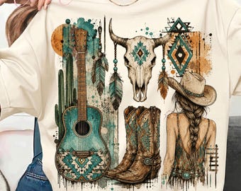 Western Cowgirl PNG, Boho Turquoise Boots, Desert Guitar Graphic (Digital Download)