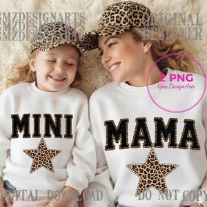 Mama and Mini PNG Leopard Star Chenille Patch, Retro Mama Sublimation Design, Mother's Day DTF, Trendy Varsity Letter PNG, Digital Download