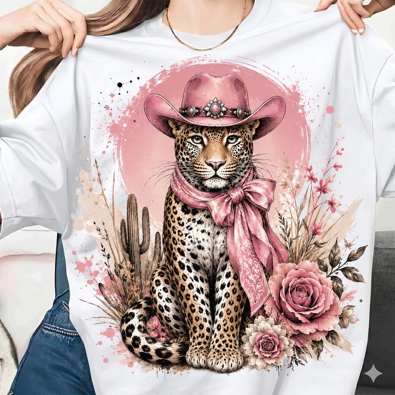 May include: A white t-shirt featuring a graphic of a leopard wearing a pink cowboy hat and a pink neck scarf. The leopard is surrounded by pink floral elements, desert cacti, and a circular pink background, creating a detailed illustration.
