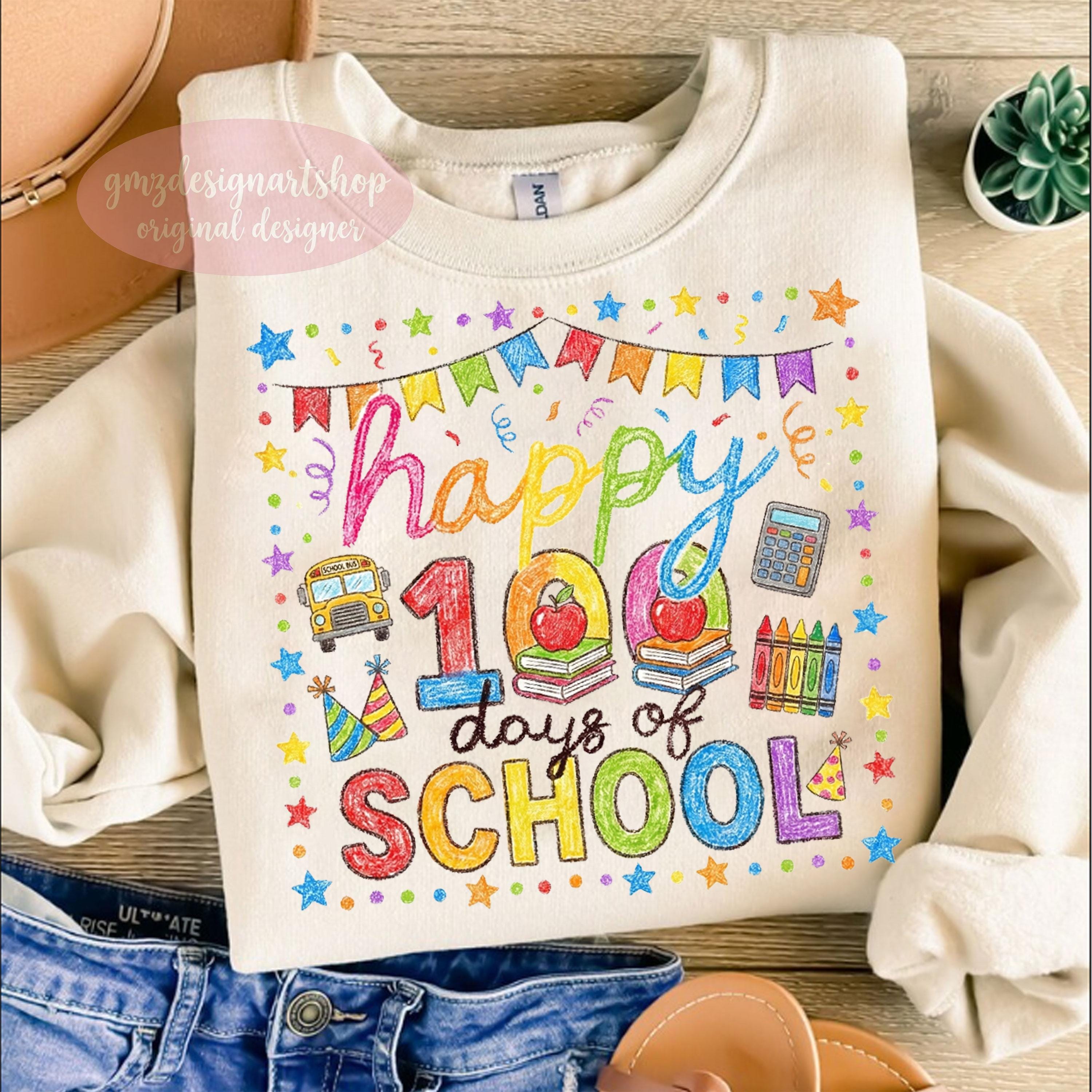 100 Days of School PNG, Crayon Sketch Design, Happy 100th Day Shirt ...