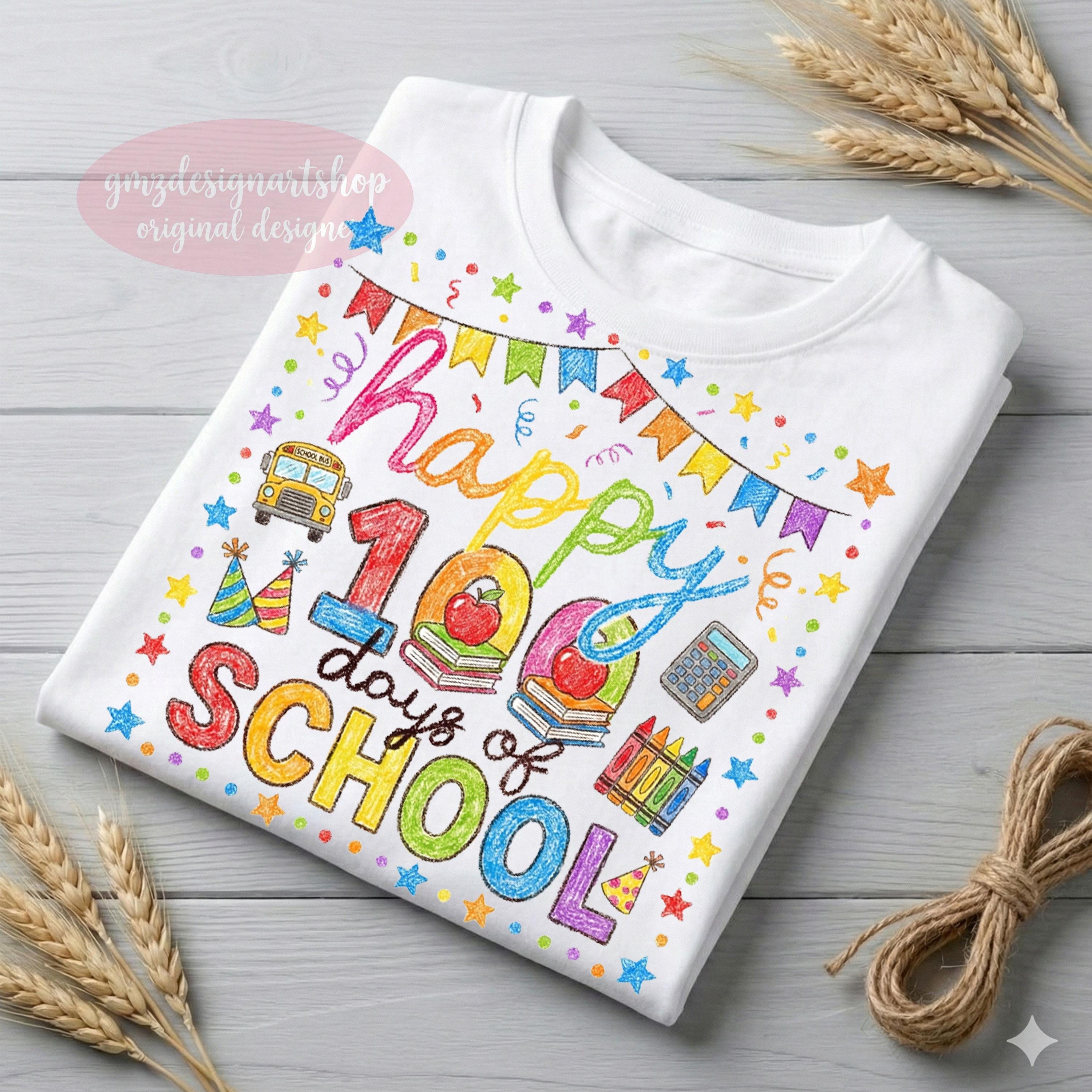 100 Days of School PNG, Crayon Sketch Design, Happy 100th Day Shirt ...