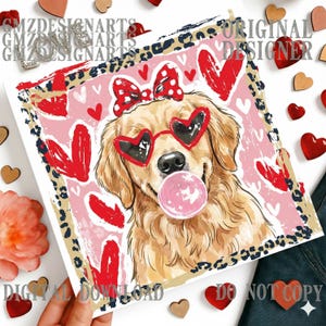 Golden Retriever PNG Sublimation Design, Cute Dog with Pink Bubblegum and Heart Glasses, Retro Coquette Leopard Frame, Girly Dog Mom Clipart