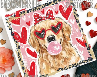 Golden Retriever PNG, Dog with Bubblegum, Heart Glasses, Retro Leopard Frame (Digital Download)