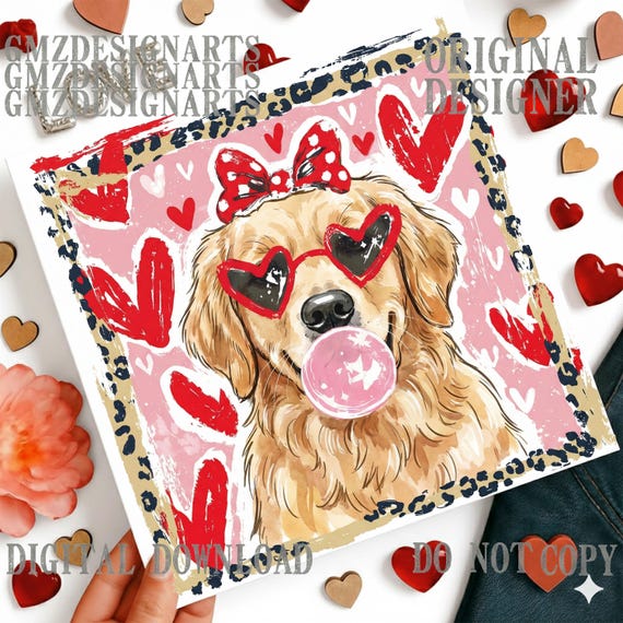 Golden Retriever PNG, Dog with Bubblegum, Heart Glasses, Retro Leopard Frame (Digital Download)