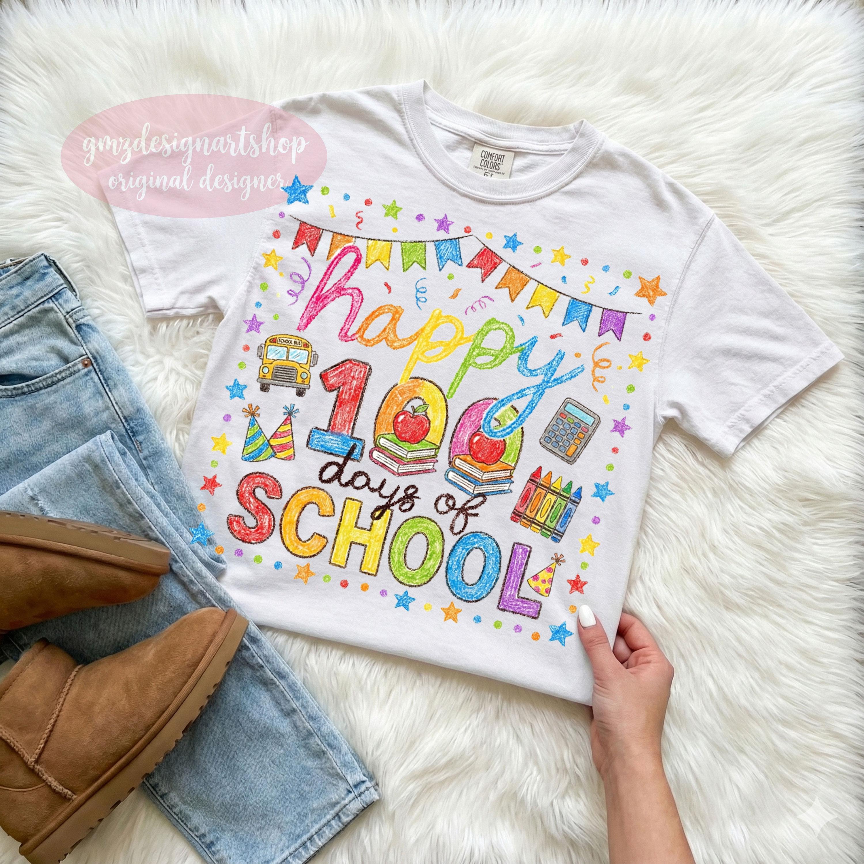 100 Days of School PNG, Crayon Sketch Design, Happy 100th Day Shirt ...