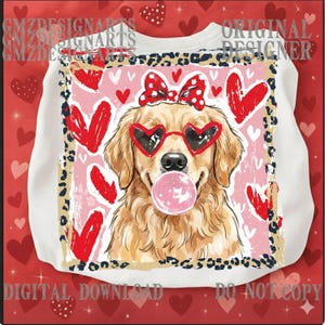 Golden Retriever PNG, Dog with Bubblegum, Heart Glasses, Retro Leopard Frame (Digital Download) image 5