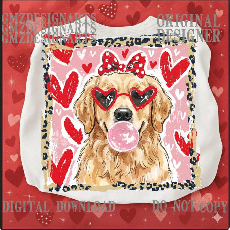Golden Retriever PNG, Dog with Bubblegum, Heart Glasses, Retro Leopard Frame (Digital Download) image 5