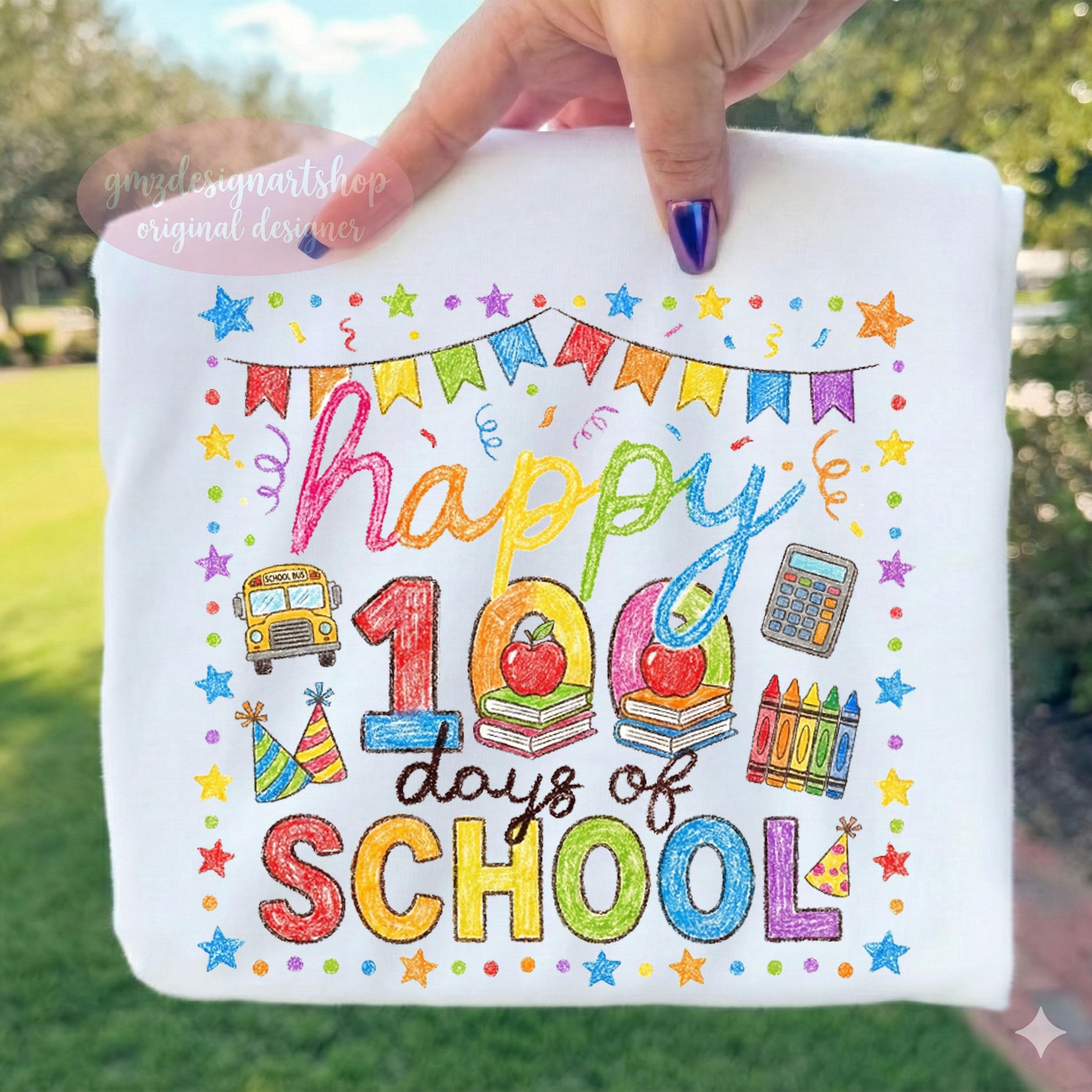 100 Days of School PNG, Crayon Sketch Design, Happy 100th Day Shirt ...