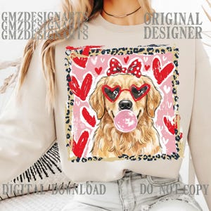 Golden Retriever PNG, Dog with Bubblegum, Heart Glasses, Retro Leopard Frame (Digital Download) image 3