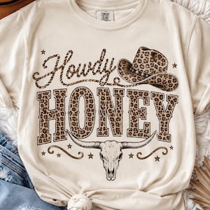 Howdy Honey Leopard Cowboy Hat PNG, Western Cowgirl Shirt Design (Digital Download)