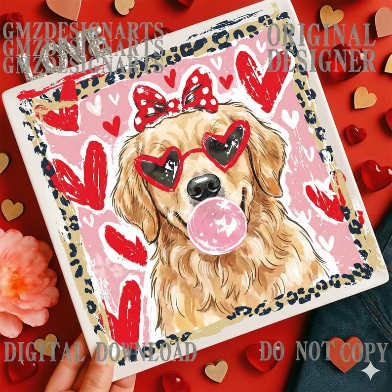 Golden Retriever PNG, Dog with Bubblegum, Heart Glasses, Retro Leopard Frame (Digital Download) image 2