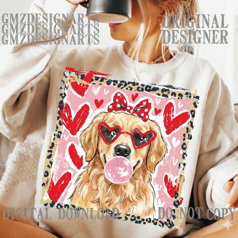 Golden Retriever PNG, Dog with Bubblegum, Heart Glasses, Retro Leopard Frame (Digital Download) image 4