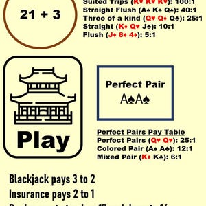 May include: A blackjack game guide with the text "ULTIMATE BLACKJACK" at the top. It includes "21 + 3" and "Perfect Pair" pay tables, along with rules for the dealer and payouts. The image features card symbols.