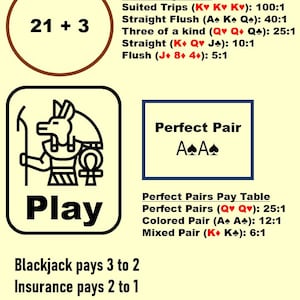 May include: A blackjack game guide with the text "ULTIMATE BLACKJACK" at the top. The guide includes pay tables for "21 + 3" and "Perfect Pair" bets, with payout ratios. The guide also has the text "Play" and other blackjack rules.
