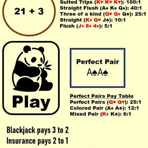 May include: A promotional graphic for Ultimate Blackjack, featuring a panda logo and pay tables for 21+3 and Perfect Pairs. The text includes payout ratios for various hands, such as suited trips and straight flushes, and blackjack rules.