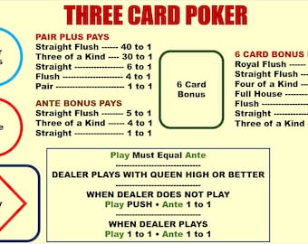 Three Card Poker Laminated Mat A4 - Pair Plus & 6 Card Bonus