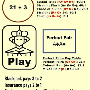 May include: A blackjack game guide with the text "ULTIMATE BLACKJACK" at the top. The guide includes pay tables for "21 + 3" and "Perfect Pair" bets, with payout ratios for various hands. A graphic of a dealer is also included.