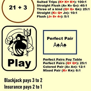 May include: A blackjack game information sheet with the title "ULTIMATE BLACKJACK". It features a "21 + 3" logo, pay tables for "21 + 3" and "Perfect Pair", and a "Play" graphic. The text includes payout ratios and game rules.