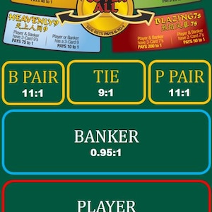 May include: A green graphic for a Baccarat game, featuring text and colorful boxes. The top section displays side bets like "Fortune 7" and "Golden 8". The center shows "Banker" and "Player" options with odds. The word "Baccarat" is at the top.