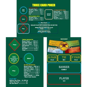 Op de afbeelding: Een groene tabel met tekst die de uitbetalingen voor Three Card Poker en Baccarat beschrijft. De sectie Three Card Poker geeft uitbetalingen voor verschillende handen, waaronder Straight Flush en Three of a Kind. De Baccarat-sectie toont uitbetalingen voor Banker, Player, Tie en Pair.