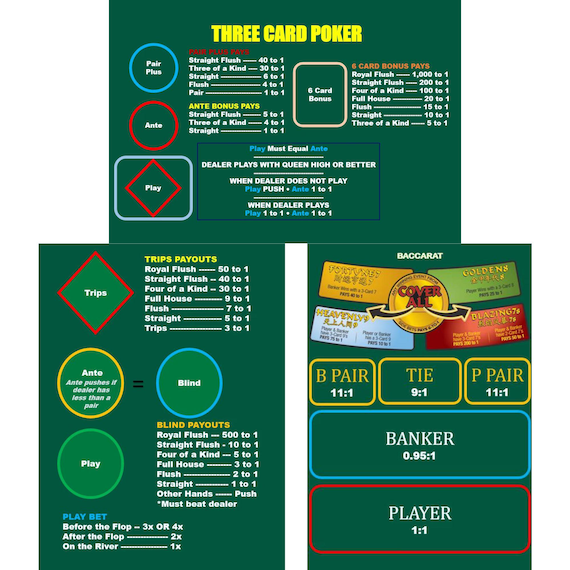 Casino Night Starter Pack – Three Card Poker, Ultimate Texas Hold'em & Baccarat Mats (Set of 3) | Waterproof Laminated A4 Cards