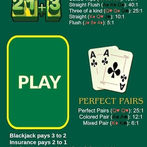 May include: A green and yellow graphic with the text "ULTIMATE BLACKJACK" and "21+3". The image includes a "PLAY" button and a pair of Aces. Blackjack payouts and odds for various hands are listed.
