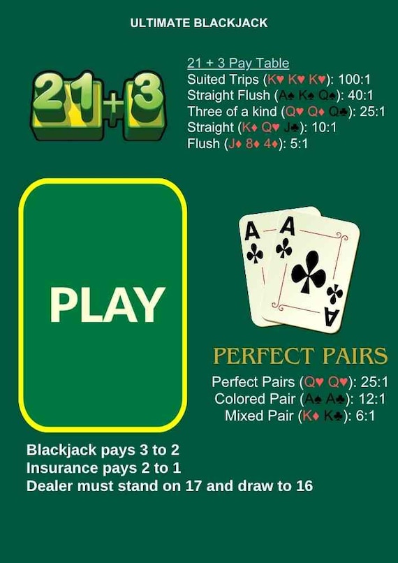 Blackjack Layout Mat – Laminated Casino Game, Side Bets (A4)