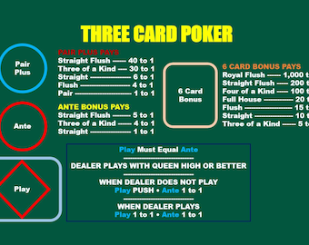 Three Card Poker Laminated Mat A4 - Pair Plus & 6 Card Bonus