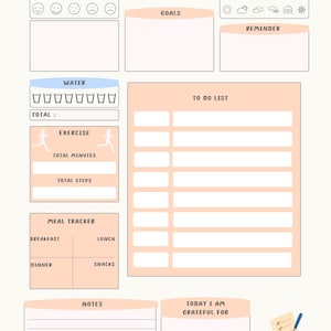 May include: A daily planner with a cream background and peach-colored accents. The planner includes sections for mood, goals, water intake, exercise, meal tracking, notes, and a to-do list. The text "Daily Planner" and "Consistency is the key" are at the top.