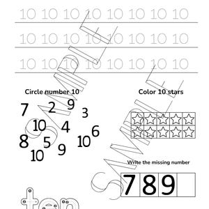 Op de afbeelding: Zwart-wit werkblad met de tekst "Trace number 10". Bevat traceeroefeningen voor het getal 10, het omcirkelen van het getal 10, het kleuren van 10 sterren en het schrijven van het ontbrekende getal. Bevat ook het woord "ten".