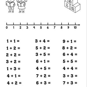 Op de afbeelding: Zwart-wit educatief werkblad getiteld "Optellen tot 10". Bevat illustraties van kinderen, nummerblokken en een getallenlijn. Bevat optelproblemen zoals 1+1=, 3+4= en 9+1=.