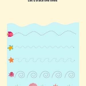 Op de afbeelding: Een traceerwerkblad voor vroeg leren. Het werkblad heeft een lichtblauwe achtergrond met stippellijnen om te traceren, en illustraties van een vis, schildpad, zeester en octopus. De tekst "Tracing, Let's trace the lines" staat bovenaan.