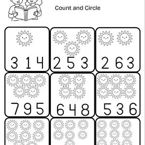 Peut inclure: Feuille de travail en noir et blanc pour la pratique des nombres, avec des illustrations de soleils souriants et le texte "Number 1-9 practice Count and Circle". La feuille de travail comprend des cases numérotées.