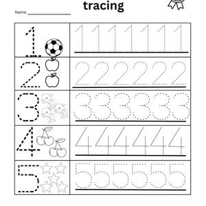 Può includere: Foglio di lavoro in bianco e nero per ricalcare i numeri da 1 a 5. Ogni numero ha una linea tratteggiata per esercitarsi e un'illustrazione. Il foglio di lavoro include uno spazio per un nome e un premio a forma di stella.
