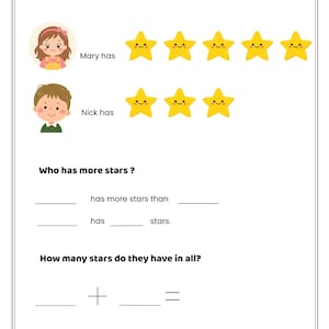 May include: A printable educational worksheet titled Daily Word Problem featuring a maths exercise for children. It includes illustrations of a girl and a boy, rows of yellow smiling stars, and blank lines for writing answers to addition questions.