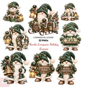 May include: A collection of gnome illustrations featuring dark green knitted hats, white beards, and holiday accents like lanterns, wreaths, and signs reading Christmas Is Better Together, Joyeuses F&ecirc;tes, and Merry Christmas, with text Commercial License 22 PNGs.