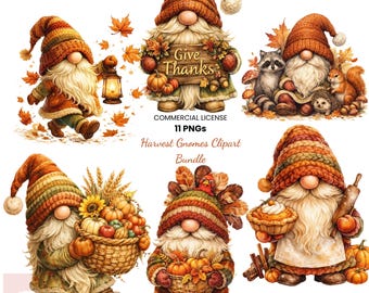 Imágenes prediseñadas de gnomos de la cosecha PNG / Gnomo divertido de Acción de Gracias / Gnomos de acuarela de otoño / Gnomo de calabaza viral PNG (Descarga digital - 11 imágenes PNG)