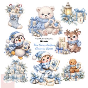 May include: A collection of digital illustrations featuring a white bear, a penguin, a reindeer, an elf, and a gingerbread person, all wearing blue winter accessories and holding mahjong tiles, surrounded by blue gift boxes and holiday decor.