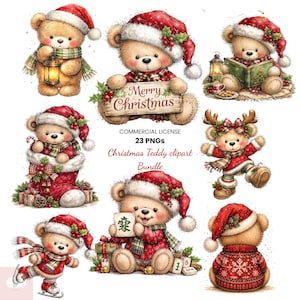 May include: A digital collection of teddy bear illustrations featuring Christmas themes. The bears wear red Santa hats and scarves, some holding lanterns, books, or signs with text including Merry Christmas. The set includes 23 PNG files.