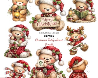 May include: A digital collection of teddy bear illustrations featuring Christmas themes. The bears wear red Santa hats and scarves, some holding lanterns, books, or signs with text including Merry Christmas. The set includes 23 PNG files.
